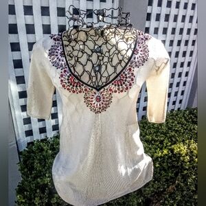 Nanette Lepore Cream Knit Blouse with Red and Black Sequined Southwest Accents